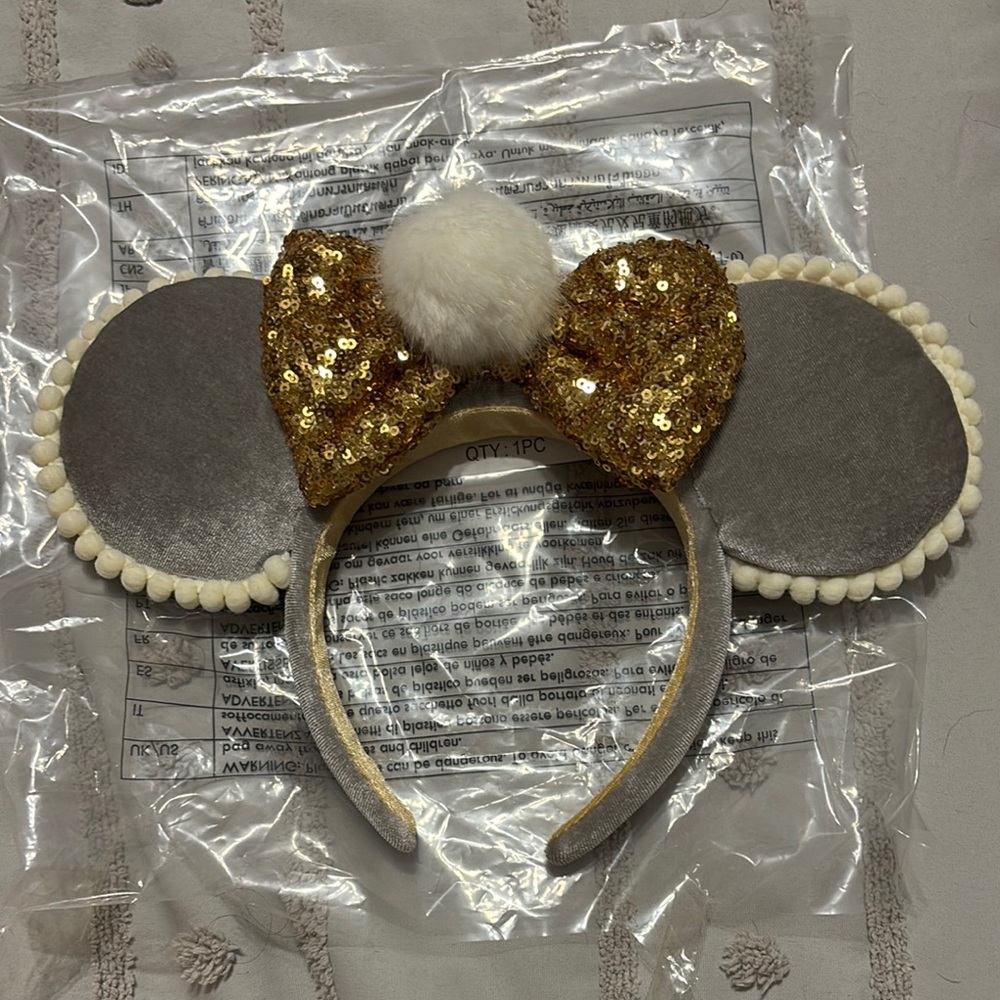 Adult Glittery Gold and Gray Mouse Ears Headband